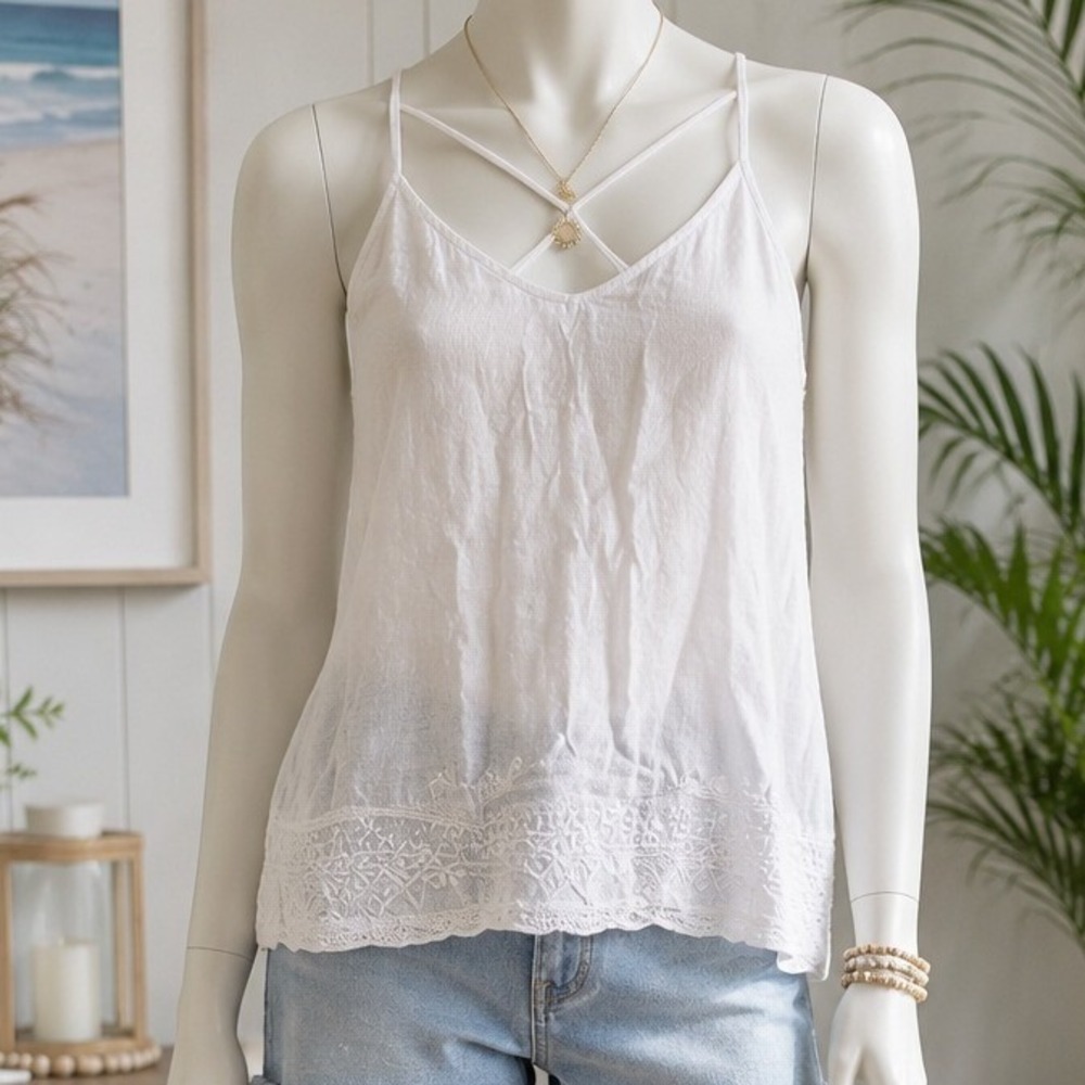 Pure DKNY Womens Camisole White Linen Silk Embroidered Minimalist S